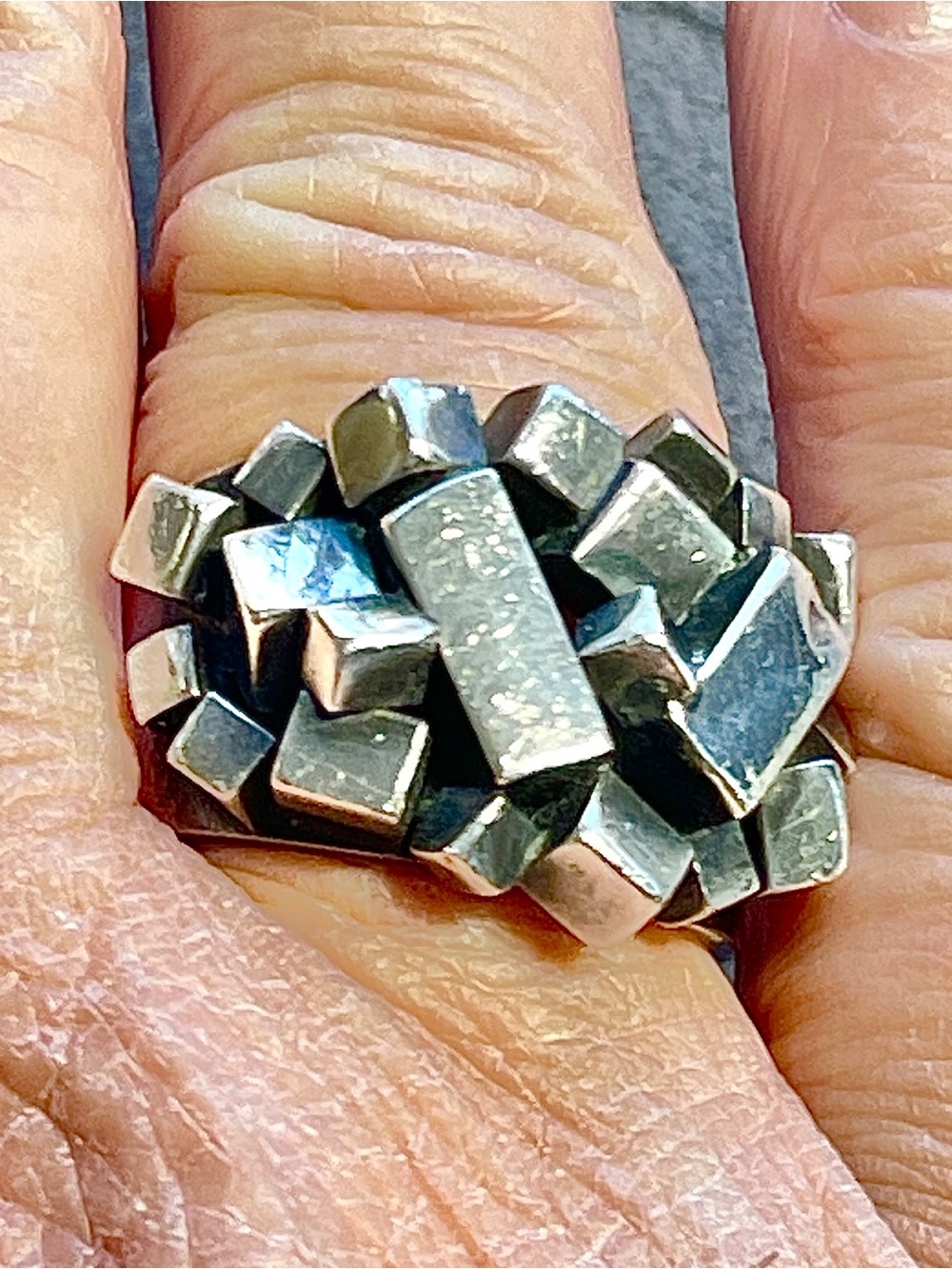 Sterling Silver MCM Brutalist Cubist Ring Signed David SM Allende Mexico 8.75